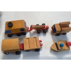 Vintage Mattel 6 piece Wooden Train Truck Boat Bus 1971-1973